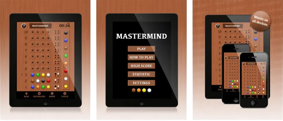 Screenshots of the MasterMind Classic game